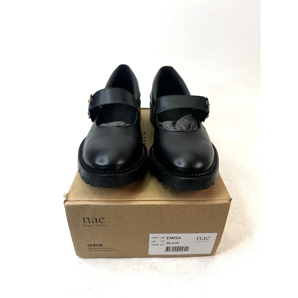 nae Vegan Shoes Women's Emisa Loafer in‎ Apple Skin Black w/ Strap Buckle Sz 9.5